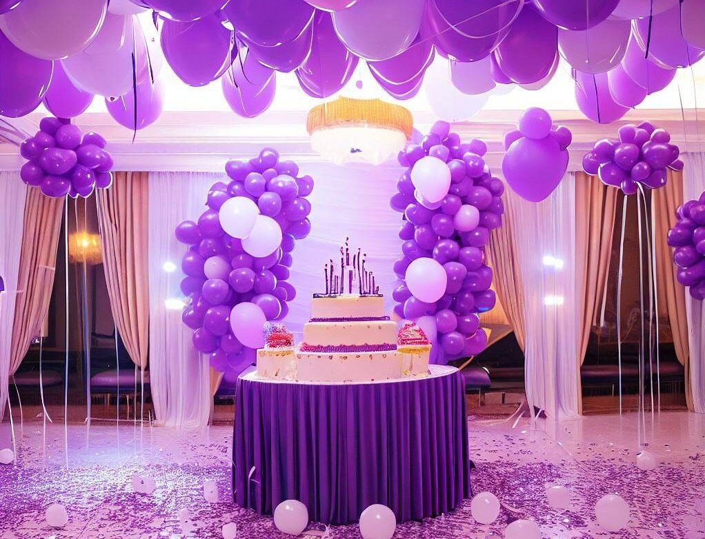 Beautiful purple and white balloon birthday decoration with cake table setup by Aionios Planners in Khammam